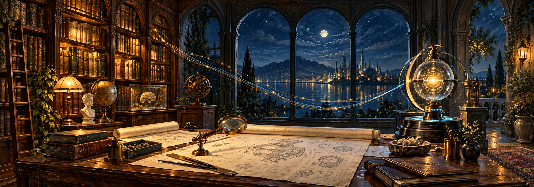 Una pintura al óleo naturalista de un taller de investigación de IA donde un instrumento iluminado conecta un archivo de conocimiento con un ordenado campo de planos de ingeniería.