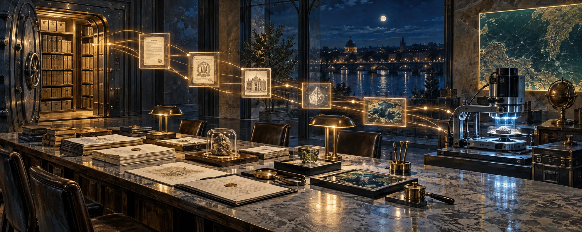 A naturalist oil painting of a secure future governance archive where agreements, evidence, and event paths converge around a carefully illuminated review table.