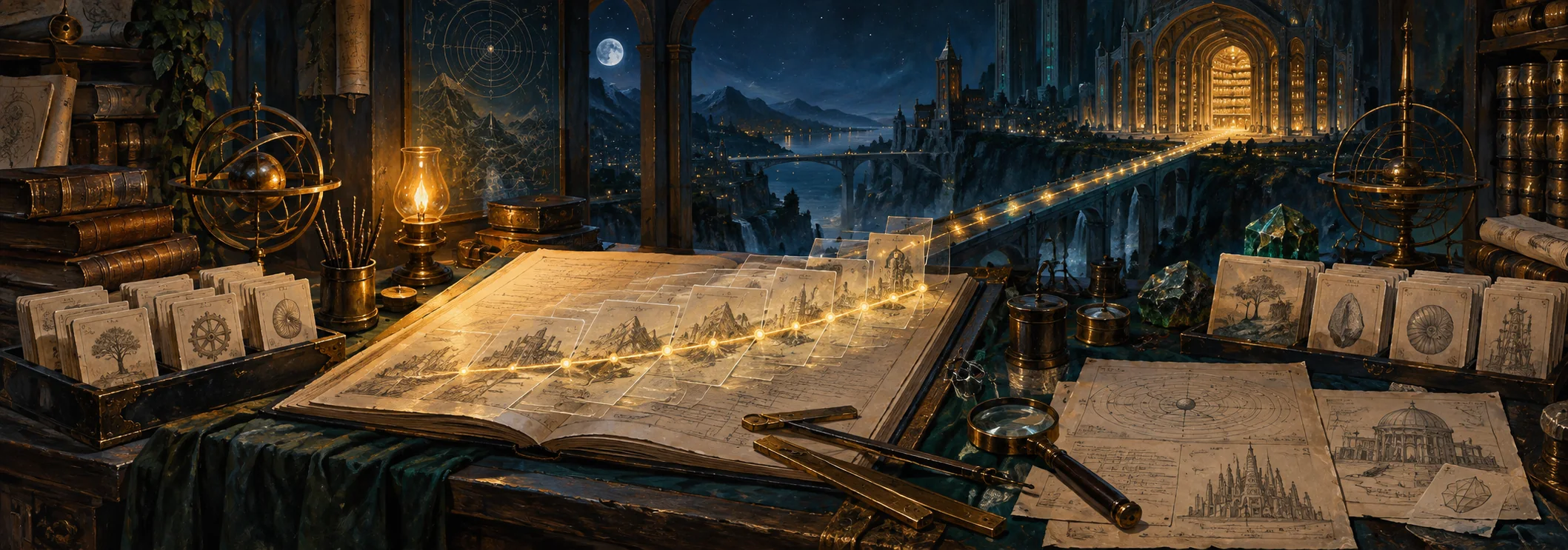 A naturalist oil painting of an illuminated future knowledge workshop where a ledger of traceable changes leads to an archive.