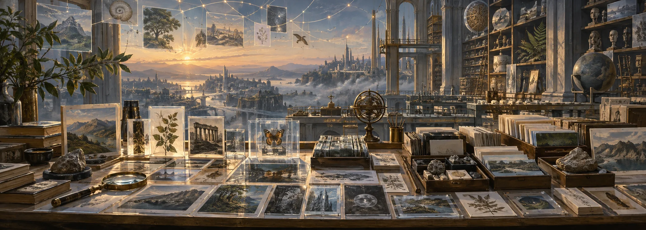 A naturalist oil painting of a future visual archive where image artifacts are carefully gathered into an illuminated collection.