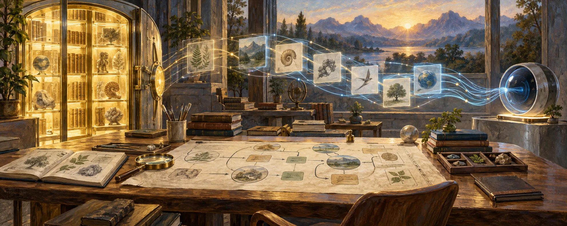 A naturalist oil painting of a future knowledge workshop where an illuminated archive, process map, semantic field, and secure service pathways form one working system.